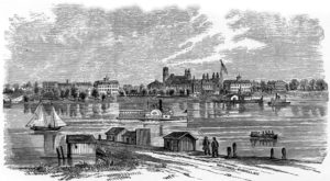 View of New York's Emigrant Refuge and Hospital, Ward's Island, courtesy Arno Press and the New York Times, 1969 and Original circal early 1880s